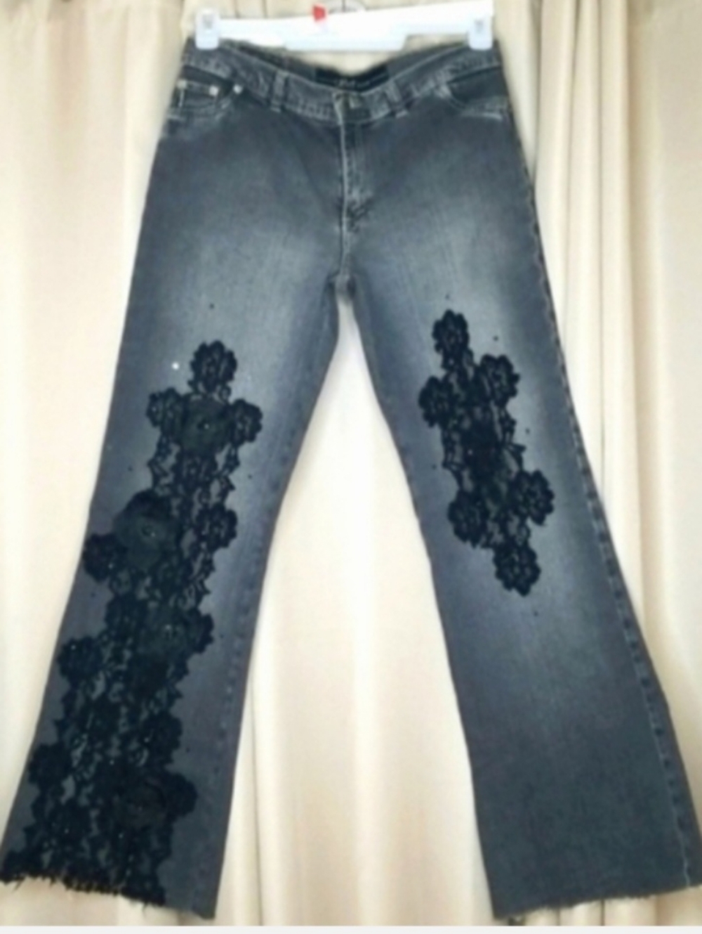Women's Gray Flare Jeans with Black Lace Appliqué